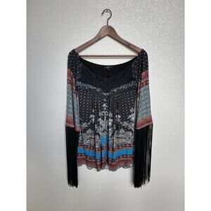 NEW Sky clothing fringe top womens L multi long sleeve hippie festival crochet